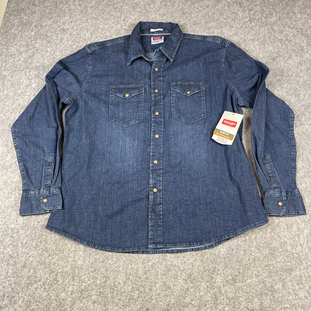 Wrangler Men Slim Fit Indigo Denim Snap Front Shirt XL Blue Long Sleeve Untucked